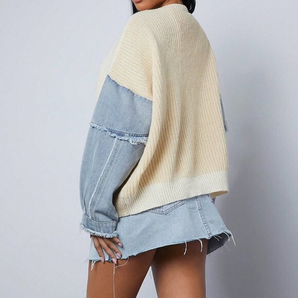 Beige Casual Women's Colorblock Mixed Fabric Sleeve Open Cardigan - Picture 2 of 5